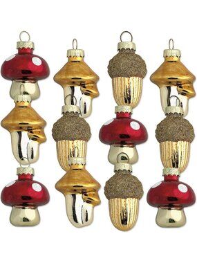 Fall Glass Ornaments Set of 12 - Acorns & Mushrooms Mini Tree Décor for